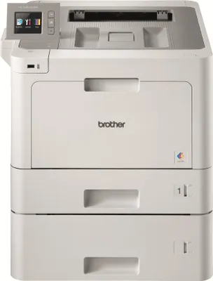 A front view of a white Brother printer with a control panel on the top left.