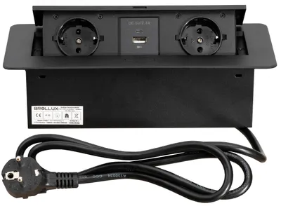 Produktbild von Brollux Einbausteckdose versenkbar 2fach mit USB/USBC Schwarz mit Softöffnung Aluminium Spritzguss 1,5m Anschlusskabel Steckdose