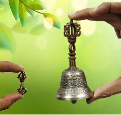 Meditationsset: Miniatur Vajra & Tribhu, Glockenmetall, Messing