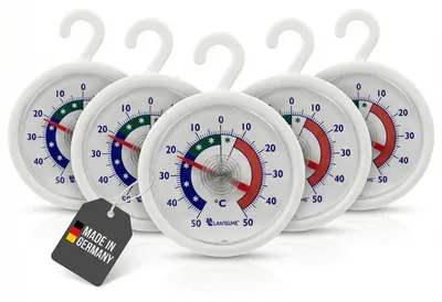 Produktbild von Kühlschrankthermometer Gefrierschrankthermometer Analog - Set mit 5 Stück - -50 bis 50 °C - Kunststoffgehäuse Weiß - 70 x 10 mm