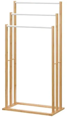 Obrázek produktu pro Držák na ručníky z bambusu – volně stojící, pro koupelnu – 2 tyče – s odkládací plochou – hladký povrch – rozměry 48 x 25,8 x 94 cm