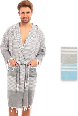 Produktbild von Bademantel Damen & Herren Uni – Weich & Leicht Langform, 100% Baumwolle, mit Kapuze, & Gürtel, Hamamtuch-Stil mit Taschen – Ideal für Sauna_Schwarz