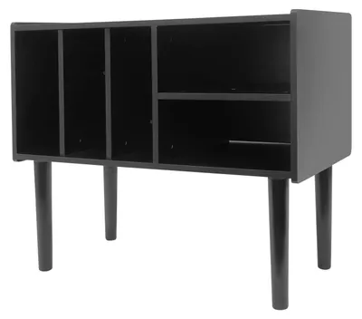 Image de Table de platine vinyle - Support pour vinyles / Rangement pour disques LP - Étagère de rangement avec cadre en bois - Design rétro du milieu du siècle - Pour salon et chambre - Noir