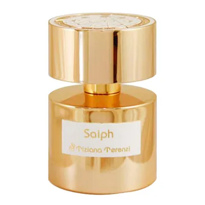 A gold-colored perfume bottle with a white label.