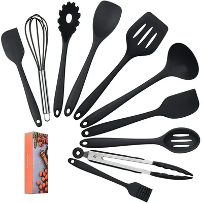 Image de Ensemble de 10 ustensiles de cuisine en silicone, couleur noire, résistant à la chaleur jusqu'à 230°C