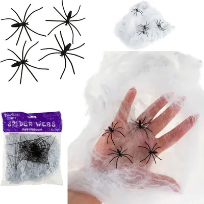 Zdjęcie produktu dla Hl17 Sztuczna Pajęczyna Sieć 4 Pająki Halloween Dekoracja