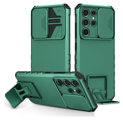 Image de Étui pour Samsung Galaxy S21 Ultra 5G étui de protection militaire double couche avec support et protection coulissante de l'appareil photo vert