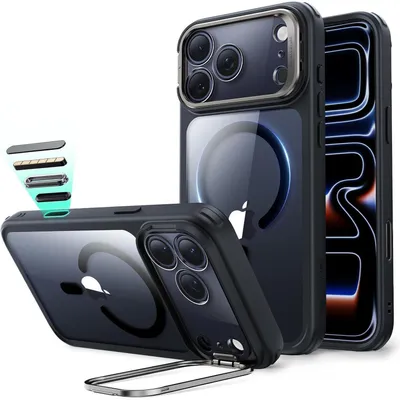 Image de Coque de protection pour iPhone 17 Pro, compatible MagSafe, avec support intégré, contrôle de l'appareil photo, couleur noire transparente