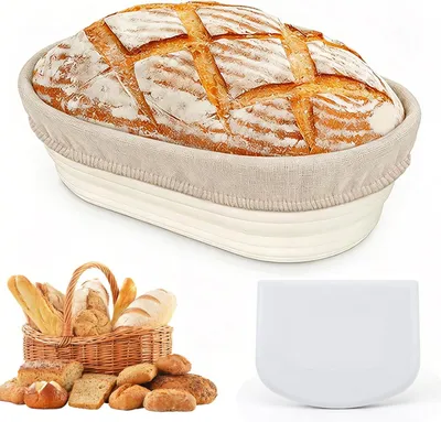 Zdjęcie produktu dla Koszyk do wyrastania 24x16x8 cm, owalna silikonowa forma, ze szpatułką i lnem, do pieczenia chleba