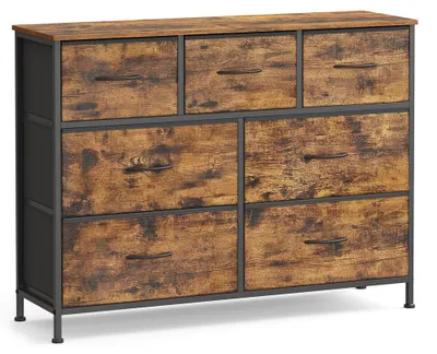 Obrázek produktu pro Komoda se 7 zásuvkami potaženými látkou | Hnědá/černá | 98,8 x 30 x 73,7 cm