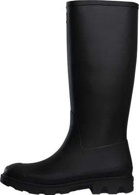 A black Wellington boot shown from the side against a white background.