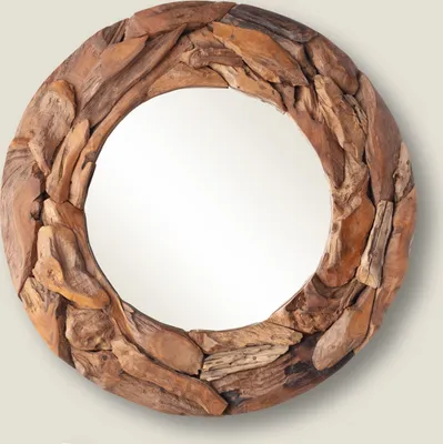 A round mirror with a frame made of driftwood.