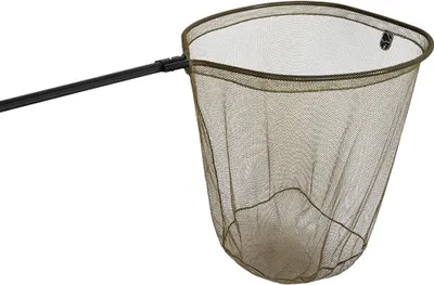 A fishing net with a black handle and a green mesh net, isolated on a white background.