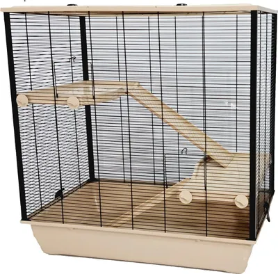 A hamster cage with wooden platforms and ramps, set against a white background.
