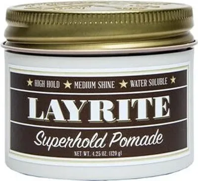 A close-up of a jar of Layrite Superhold Pomade.