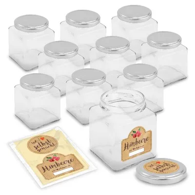 Produktbild von itenga Set 10 Marmeladengläser QUADRATISCH 212ml mit Sticker HIMBEERE