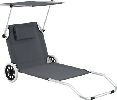 A dark gray chaise lounge with wheels and a canopy, shown against a white background.