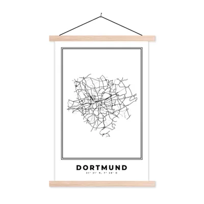 Produktbild von MuchoWow® Textilposter Stadtplan - Deutschland - Schwarz und weiß - Dortmund - Karte 60x90 cm mit holzfarbenen Rahmen - Textil