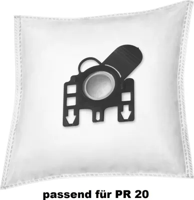A white vacuum cleaner dust bag with a black adapter piece on a white background.