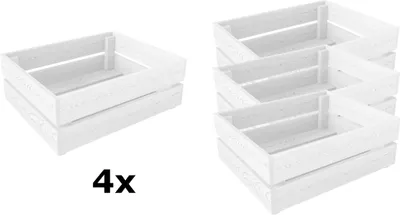 Two groups of white wooden crates are shown against a white background. The group on the left shows one crate, and the group on the right shows three stacked crates.