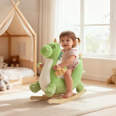 Produktbild von SUGIFT Schaukeltier Dinosaurier mit Tiergeräuschen, Schaukeldino, Holzrahmen Pappelholz, Grün | 73 x 39 x 66 cm | für Kinder ab 1,5 Jahren | 2,7 kg