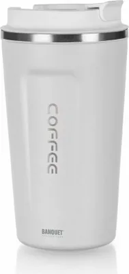 A white thermobecher with a silver rim and lid, standing on a reflective surface.