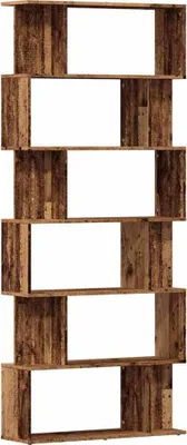 A tall, narrow bookshelf with a rustic wood-grain finish is shown against a white background.
