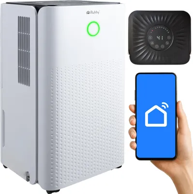 Obrázek produktu pro RUHHY odvlhčovač vzduchu 12 l/24 h s WiFi a hygrostatem 38 dB tichý Automatický/nepřetržitý časovač 0-24 h Nádrž na 2 l Hadicová přípojka Automatické odmrazování, kolečka a rukojeti do cca 30 m² 26497