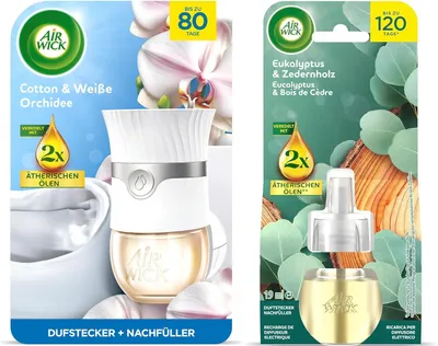 Produktbild von Air Wick Duftstecker Starter-Set Paket inklusive 1 Geräte & 1 x 13ml Baumwolle & Weiße Orchidee  Nachfüller & 1 x Eukalyptus & Zedernholz 19ml Nachfüller
