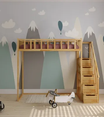 A child's bedroom with a loft bed and a toy airplane.
