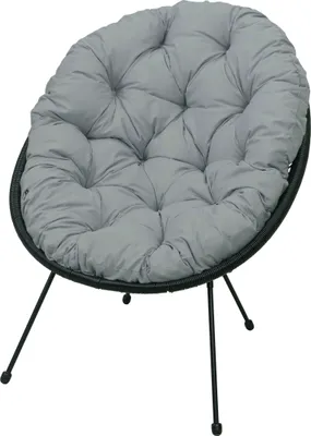 A gray papasan chair cushion with a black woven chair base and black metal legs, isolated on a white background.