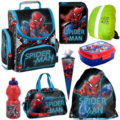 Produktbild von Schulranzen Spiderman ergonomischer Ranzen Federmappe Zuckertüte Trinkflasche Aufgabenheft für die Grundschule 8er Set Lizenzartikel Marvel Spiderman