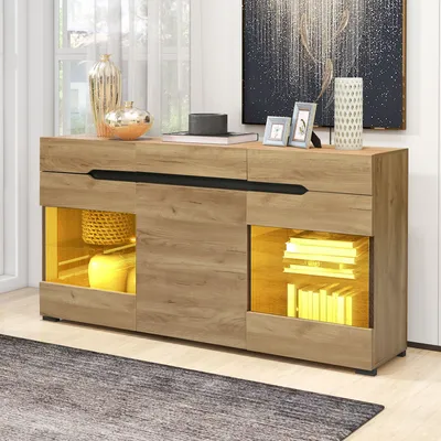 Produktbild von MODFU Kommoden Sideboard Schrank mit 3 Türen 3 Schubladen, Moderne Kommode Schubladenkommode mit LED-Beleuchtung, Natur