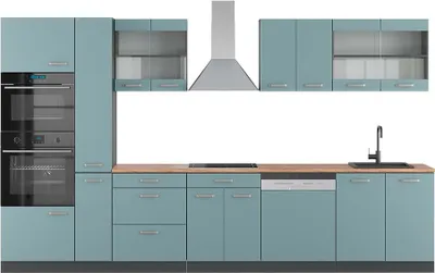 Produktbild von Küchenzeile Vicco R-Line Blau-Grau/Anthrazit 350 cm mit Hochschrank, AP Eiche, Model 49823
