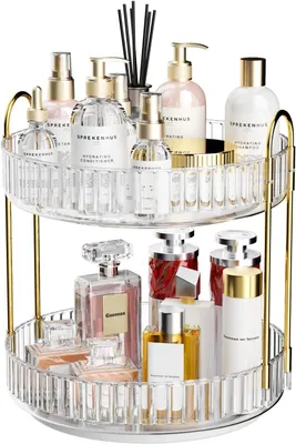 Image de Organisateur de maquillage rotatif à 360°, transparent, avec 2 niveaux, système de rangement pour maquillage