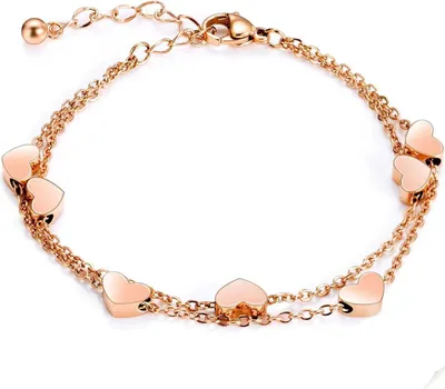 Image de Bracelet de cheville en or rose pour femme avec pendentifs en forme de cœur | Bracelet en titane à couches avec pendentifs en forme de cœur