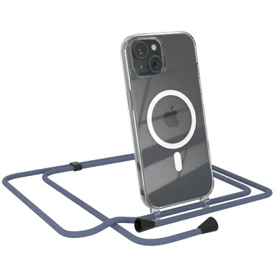 Produktbild von EAZY CASE - Handykette kompatibel mit Apple iPhone 15 Kette zum Umhängen Stoßfest Handyhülle für Apple iPhone 15 Silikon Hülle mit Band Handytasche Transparent als Fallschutz in Blau - Clips Schwarz