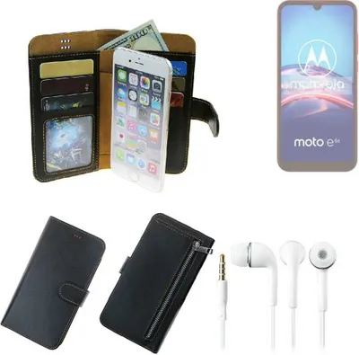 Produktbild von TOP SET Handy Hülle Schutz Hülle kompatibel mit Motorola E6s  schwarz aus Kunstleder + Kopfhörer Smartphone Tasche vollwertige Geldbörse