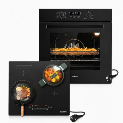 Produktbild von KB ELEMENTS Herdset Autark Kratzfestes Induktionskochfeld mit Flexzone + Einbaubackofen 60 cm, Air Fry, Steam Clean, Heißluft, Schuko-Stecker, A+