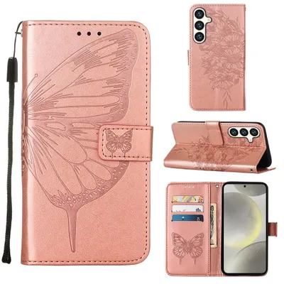 Produktbild von Galaxy S25+ Hülle, Schmetterling Prägung Leder Kartenfächer Schutzhülle mit Ständer für Samsung Galaxy S25+ Roségold