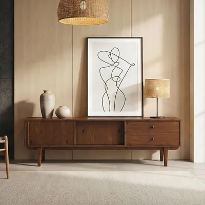Produktbild von Lowboard SIMONA 175 cm aus Massivholz, Kastanie Finish - TV Konsole mit 2 Schiebetüren und 2 Schubladen, Kiefer Massivholz, niedriges Sideboard für Wohnzimmer