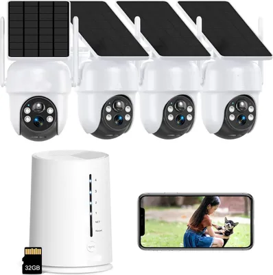 A set of solar-powered security cameras with a base station and a smartphone displaying a live feed.