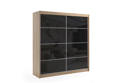 Produktbild von ALTDECOR Kleiderschrank mit Lacobel-Schiebetüren, kugelgelagerte Führungsschienen und Aluminium-Leisten - VIVONA - mit LED-Beleuchtung und Fernbedienung - 180 cm - Hellbraun/Schwarz
