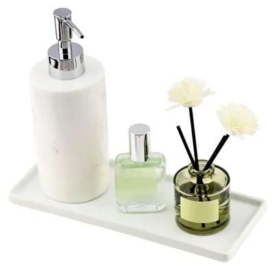Produktbild von Keramik Badezimmer Tablett in Weiß, Längliches Deko Tablett für Bad und Schminktisch, Ablageschale für Seifenspender, Kerzen und Kosmetik (L)