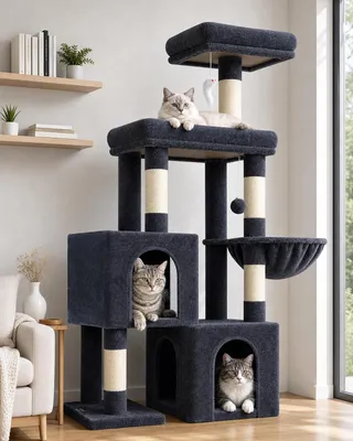 Imagen del producto de Árbol para gatos con 2 casas, una plataforma grande acolchada, una barra para posarse, juguetes, 134 cm de altura, ideal para gatos