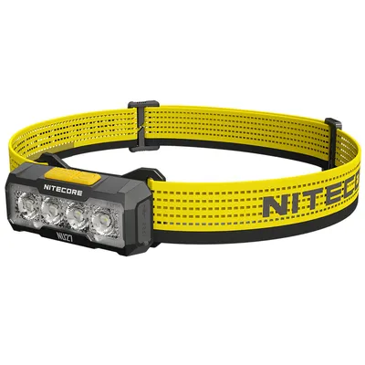 A Nitecore NU27 600lm USB-C headlamp with a yellow headband is shown against a white background.