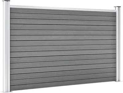 A grey WPC garden fence with silver metal posts.