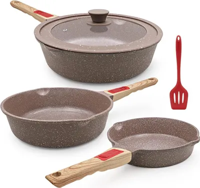 Zdjęcie produktu dla Zestaw patelni ceramicznych - powłoka nieprzywierająca - 5-częściowy - brązowy