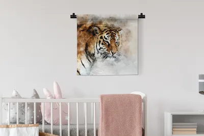 Produktbild von MuchoWow® Wandteppich Wandbehang Tiger - Gemälde - Weiß 60x60 cm Tapisserie Dekoration Wandtuch - Dekorationen - Wand Decke