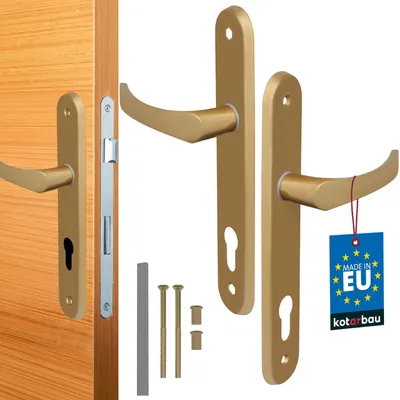 A set of gold-colored door handles and related hardware, including a door latch mechanism, screws, and a 'Made in EU' tag, are displayed against a white background. One handle is shown attached to a wooden door.